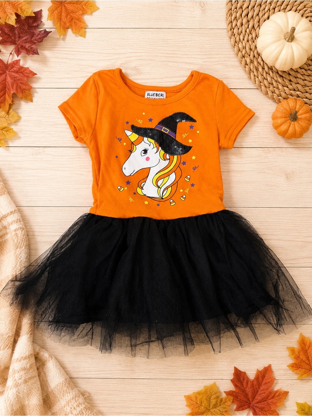 Blueberi Boulevard Orange & Black Unicorn Witch Tutu Dress